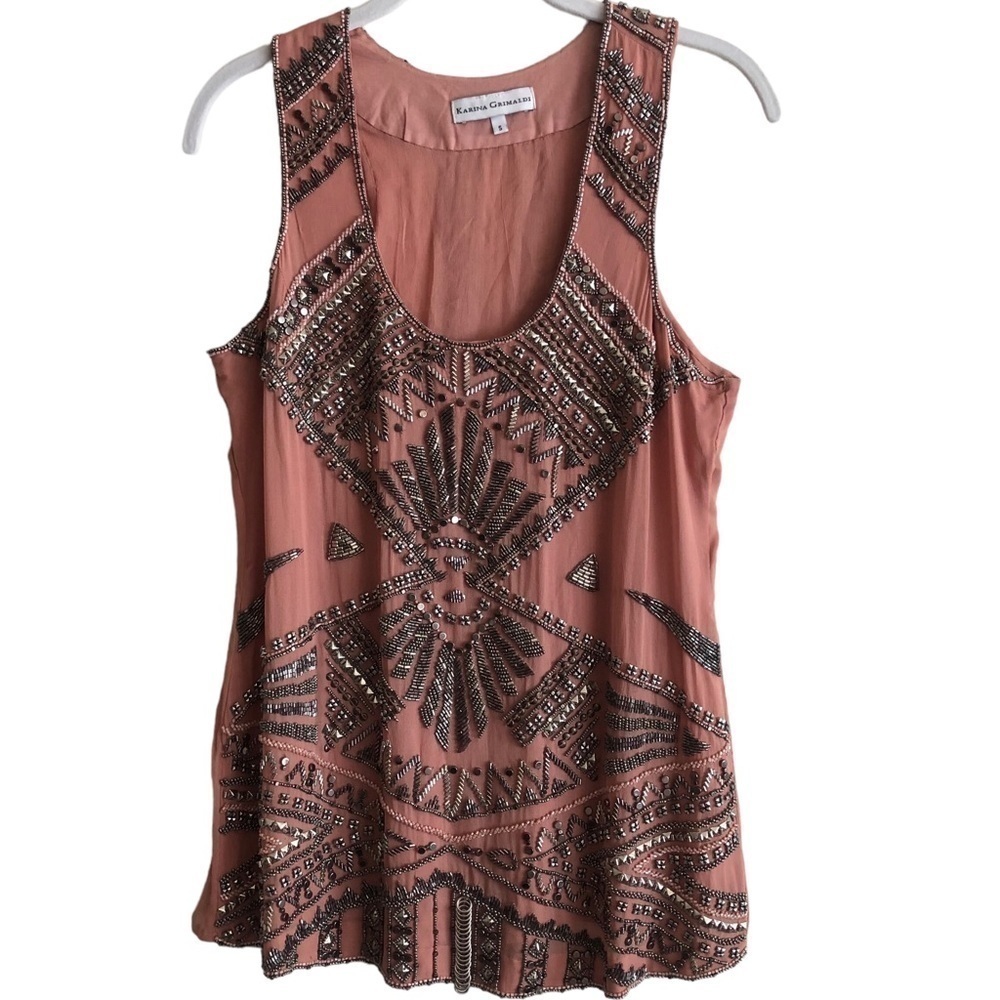 Karina Grimaldi Women’s Silk Embellished Beaded Tank Top Mauve Size Small